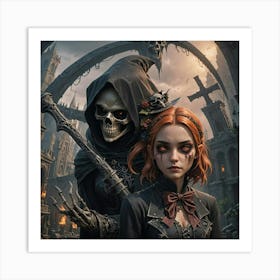 Girl And A Skeleton Art Print