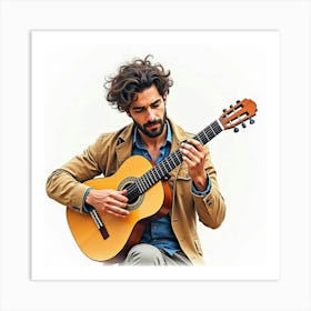 Watercolor Portrait Of An Italian Musician Playing A Classical Guitar Art Print