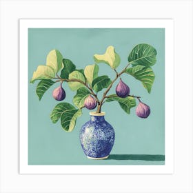 Feigenstrauch mit blauer Vase Malerei, Früchte Stilleben Art Print