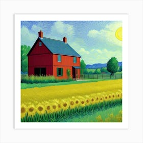 Rustic Beauty Farmhouse and Pasture at Sunset Sunflowers In The Field Art Print