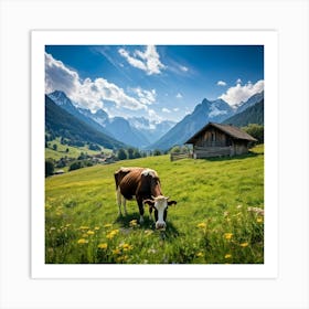 Alpine Meadow With A Cow Grazing Spring Setting Blossoming Flowers Dotting The Lush Grass Warm Su (3) Art Print