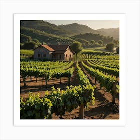 A Picturesque Vineyard With Rows Of Grapevines And A Rustic Winery In The Background Art Print