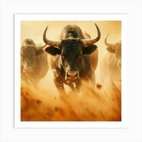 Bulls Running In The Dust Art Print