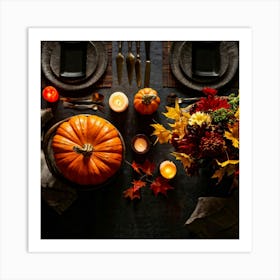 Autumnal Table Setting Cradling A Half Carved Roasted Pumpkin Candlelight Flickering Within Casting (7) Art Print