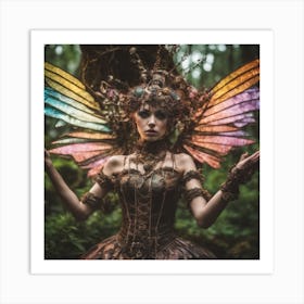 Steampunk Rainbow Mossy Winged Forrest Fairy Witch Art Print