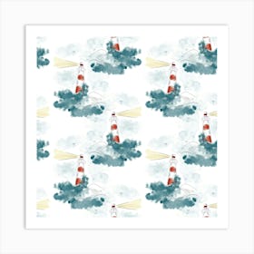 Watercolor Lighthouses on White, Pattern Art Print