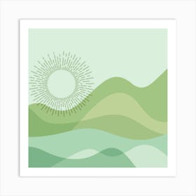 Green Mountains With Sun Art Print