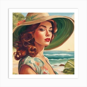 Seaside Beach Beauty in Hat Art Print