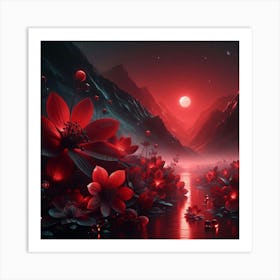 Red Flowers In The Water Art Print