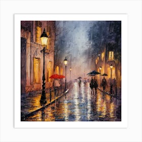 Twilight Rain Ethereal Watercolor Painting Of A Cobblestone Street At Night (3) Art Print