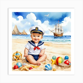 Sailor Baby in a beach with toys Art Print