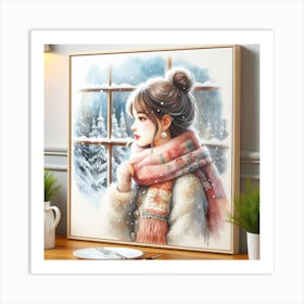 A Girl with Pearl Earrings and a Scarf in a Watercolor Style, with a Window and a Snowy Landscape as a Background Art Print