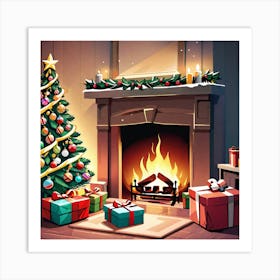 Christmas Tree In Front Of Fireplace 4 Art Print