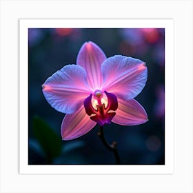 A Radiant Orchid With Petals Of Shifting, Neon Light Blooming In A Surreal Garden Art Print