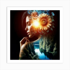 Double Exposure Dreamscape Woman With Sunflowers and Forest River Art Print