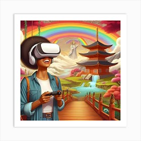 A Happy Woman Wearing A Vr Headset In A Shangri La With A Rainbow, Digital Art 4 Art Print