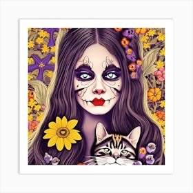 Day Of The Dead Girl With Cat Art Print