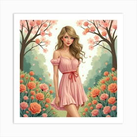 Taylor Swift In A Watercolor Garden, Surrounded By Blooming Flowers And Trees Art Print