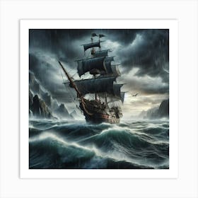 Pirate Ship In Stormy Sea Art Print