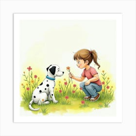 A Dalmatian And A Young Girl Picking Flowers In A Field, Watercolor 1 Art Print