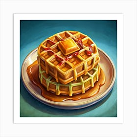 Stack Of Waffles With Syrup, Butter And Jam Art Print