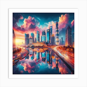Shanghai Skyline At Sunset 1 Art Print