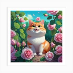 Cat With Roses Art Print