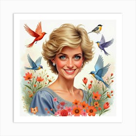 Smiling Princess Diana With Watercolor Birds In A Colorful Backdrop 1 Art Print