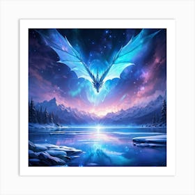 Ice Dragon Soaring Over Crystalline Frozen Lake Reflected Scales Shimmering Against The Icy Surface Art Print