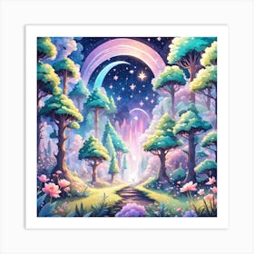 A Fantasy Forest With Twinkling Stars In Pastel Tone Square Composition 391 Art Print