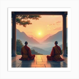 A Peaceful Scene Of Japanese Monks Meditating At Sunrise In A Mountain Temple, Soft Hues, Watercolor Art Print