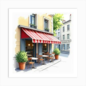 Watercolor Of A Parisian Sidewalk Café With Striped Awnings And Potted Plants 1 Art Print