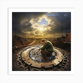 Man Kneeling In Front Of A Machine Art Print