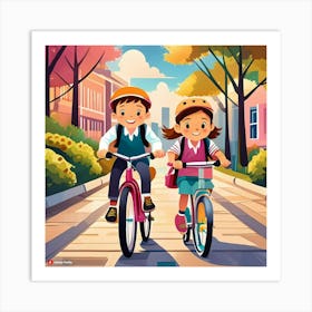 Cartoon Children Riding Bicycles Art Print