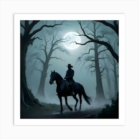 A Solitary Horseman Rides A Majestic Black Stallion Through A Misty, Moonlit Forrest 1 Art Print