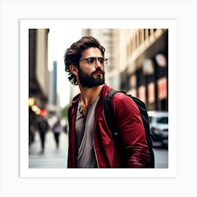 Man Black Hair Beard Red Brown Shirt Looking Away Black Backpack Glasses Metal Building (6) Art Print