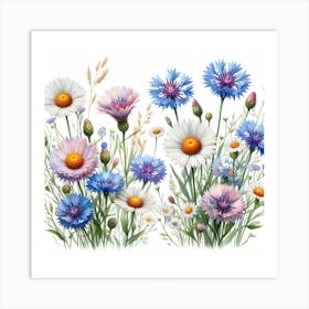 Flowers of chamomile and cornflower 1 Art Print