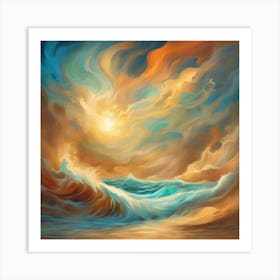 An Abstract Representation Of A Roaring Ocean Sand, With Bold Colors And Dynamic Shapes Art Print