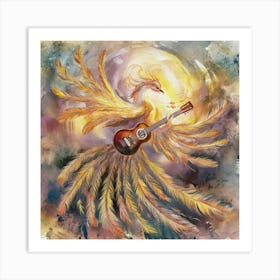 Phoenix With Guitar awater color paint An exquisite, abstract rendition of soulful strumming, where the guitar is metaphorically replaced by a soaring, ethereal phoenix. The bird's vibrant feathers cascade like strings, emanating a warm, golden glow. As it strums its own divine melody, the phoenix embodies the spiritual essence of music, transcending physicality and resonating with the deepest chords of the soul. The background is a harmonious blend of dreamy, impressionistic hues, evoking a sense of transcendence and boundless creativity. Art Print