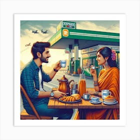 Couple Having Coffee At Gas Station Art Print