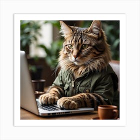 Cat Working On Laptop Art Print