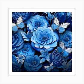 Blue Roses And Butterflies Art Print