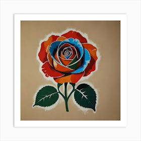 A Stencil Sketch Of A Red Blue Orange And Green Rose 2 Art Print