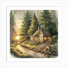 Enchanted Retreat A Serene Watercolor Of A Rustic Cabin In A Verdant Forest (2) Art Print