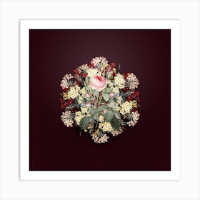 Vintage Double Moss Rose Flower Wreath on Wine Red n.2651 Art Print