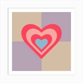 LOVE HEARTS CHECKERBOARD Single Retro Valentines in Red Pink Blue on Beige Lavender Purple Geometric Grid Art Print