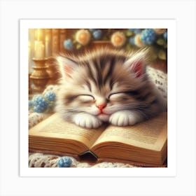 Cat Sleeping On The Book Art Print