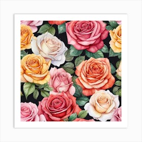 Watercolor Roses Pattern Art Print