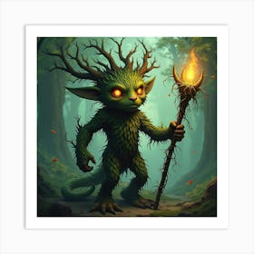 Ancient Tree Guardian With Glowing Eyes And A Staff Entwined With Vines 1 Art Print