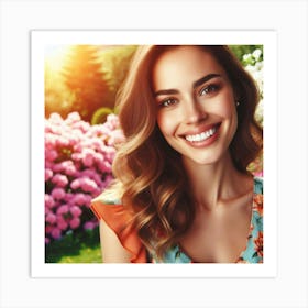 Beautiful Woman Smiling In The Garden Art Print